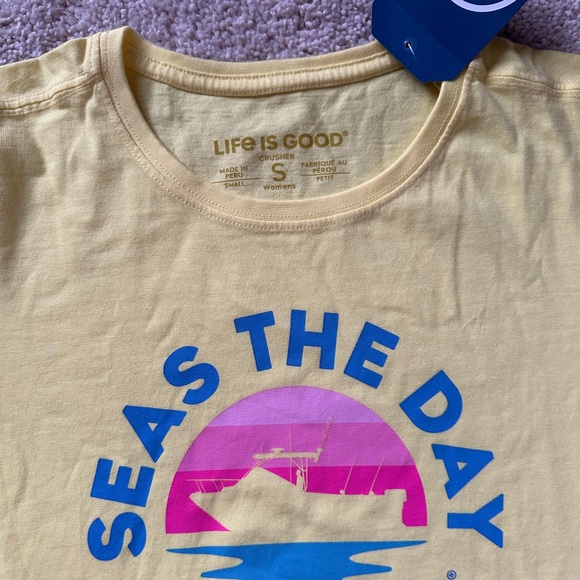 Life Is Good Yellow Tee with Blue and Pink Graphic - Picture 2 of 3